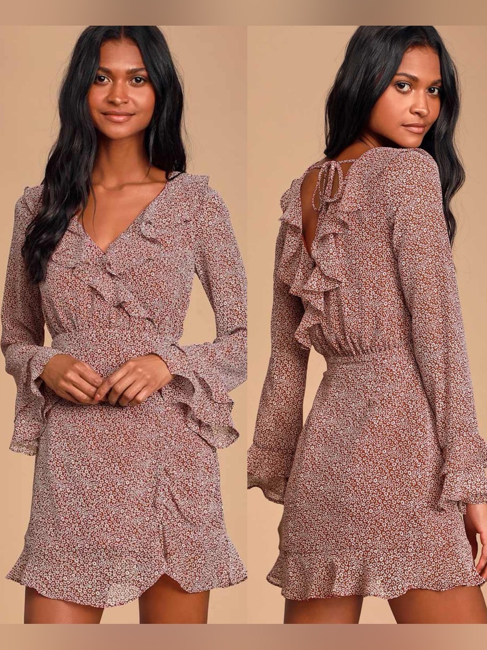 Lulus | Zoelle Burgundy Floral Print Ruffled Long Sleeve Mini Dress